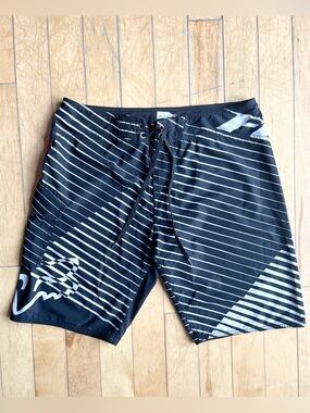 Fox Racing Striped Board Shorts Black White Performance Surf Swim Trunks Size 38
